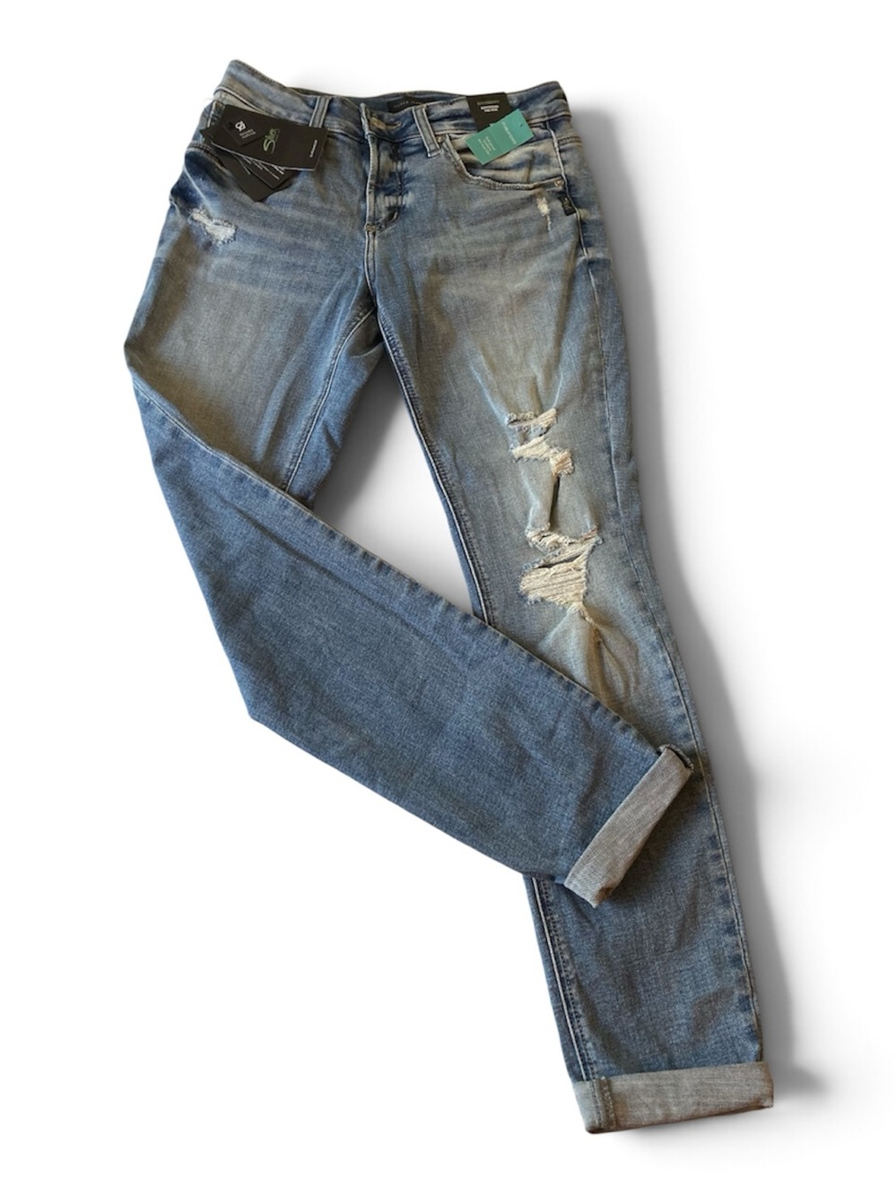 NWT SILVER JEANS COMPANY Boyfriend Mid Rise Eco Friendly
W27 L29 Distressed